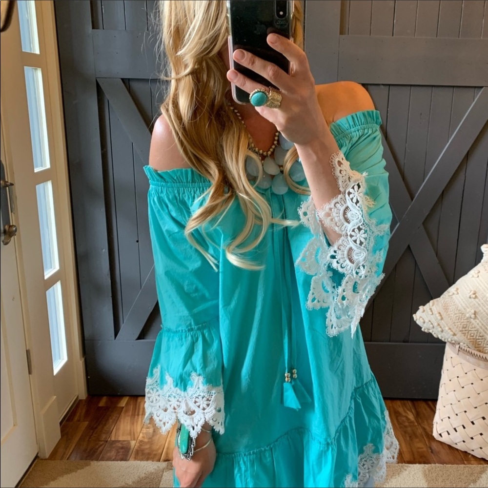 Adorable Bohemian Turquoise Lace Dress - Size L